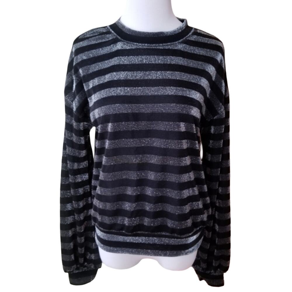 RtA Metallic Silver Black Sheer Stripe Lurex Mock Neck Blouson Top Size XS